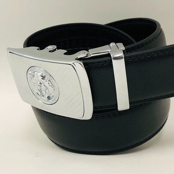 Black Leather Belt Automatic Silver Lion Head Buckle Slide‎ Belts No Hole Dress - Picture 2 of 3